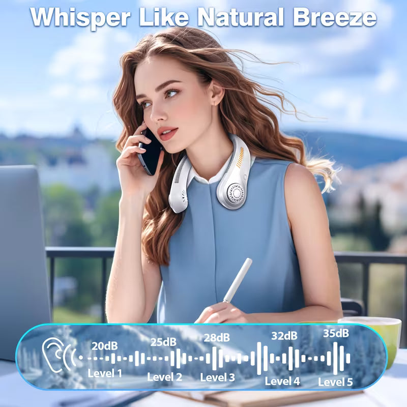 Portable Neck Fan with Bladeless Cooling System – USB Rechargeable, 5 Speed Settings, Ultra-Quiet Personal Fan for Office, Travel & Outdoor Use