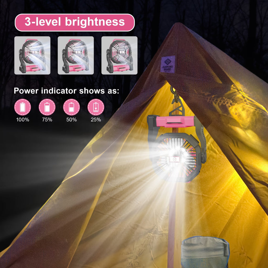 3-in-1 Camping Fan - Charge, Light & Ventilation with LED Lantern